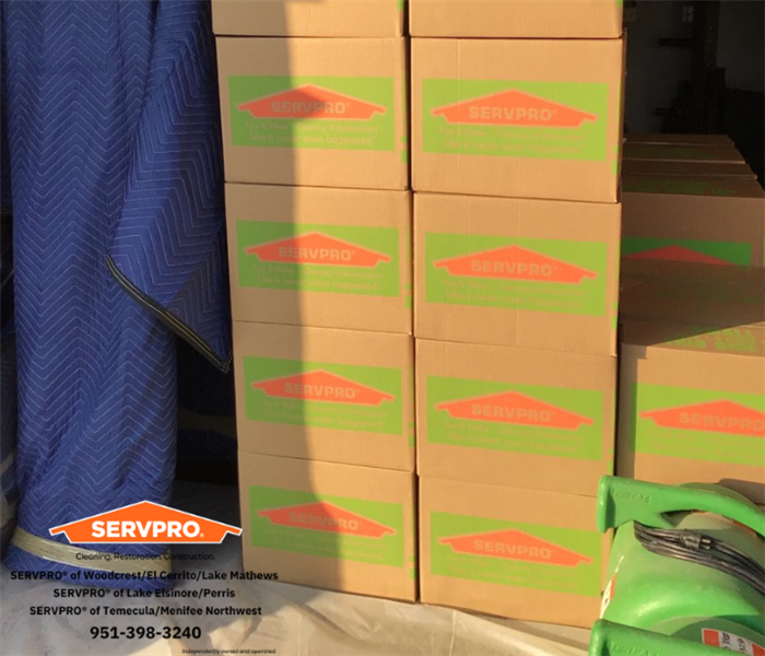 SERVPRO box's lined up an stacked on top of each other. 